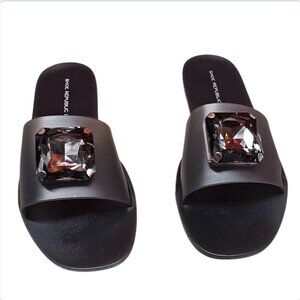 Black Slides With Oversized Gemstone Embellishment
